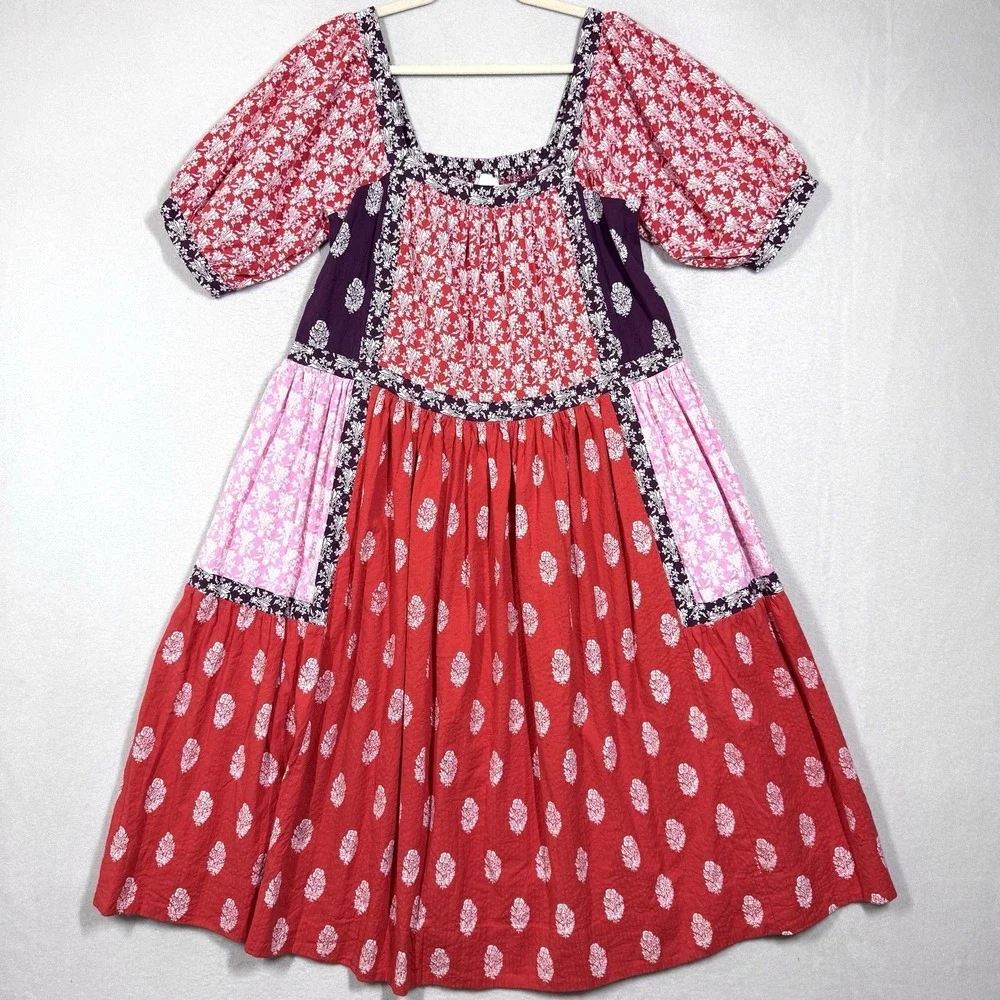 Maeve Dress Womens XS Patchwork Square Neck Tape Detail Midi Peasant Cottage